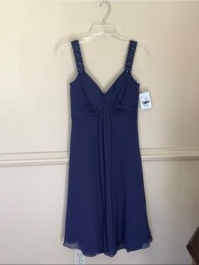 David's Bridal Navy Blue Chiffon A-Line Prom Dress with Beaded Straps